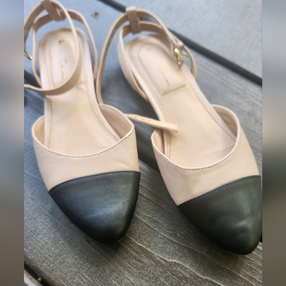Me Too Black and Cream Heels with Cap-Toe Design